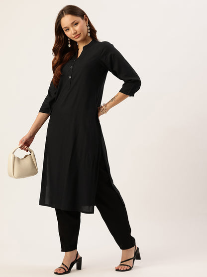Black Solid Mandarin Collar Straight Kurta