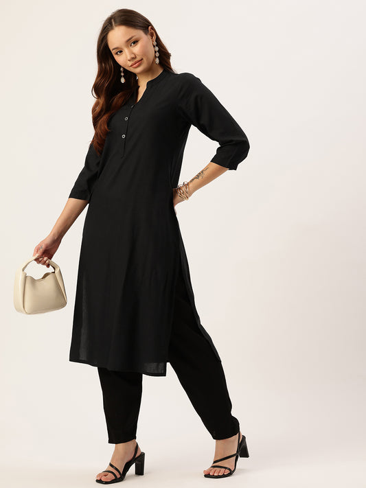 Black Solid Mandarin Collar Straight Kurta