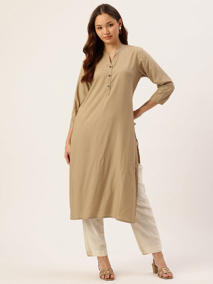 Almond Solid Mandarin Collar Straight Kurta