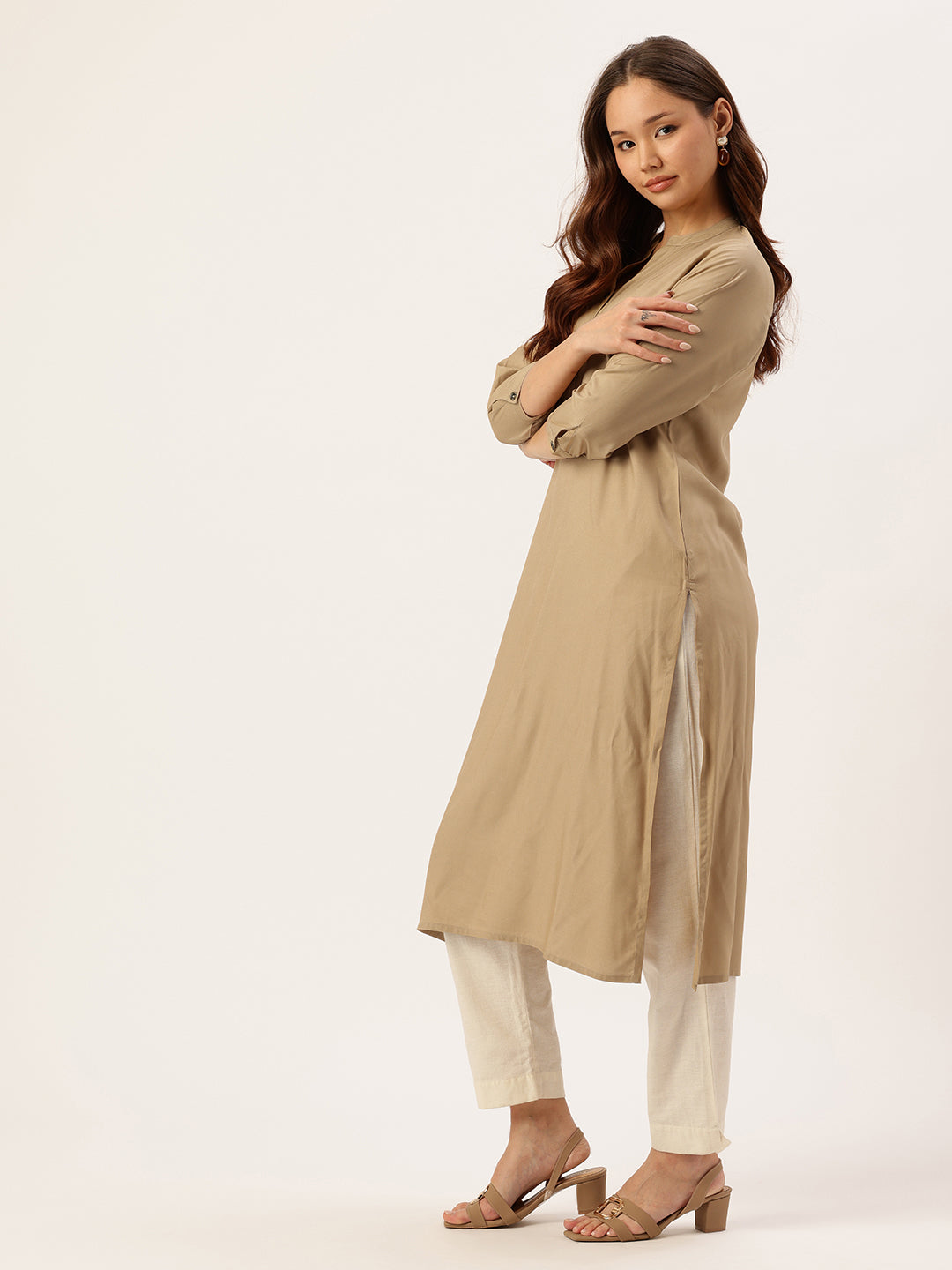 Almond Solid Mandarin Collar Straight Kurta