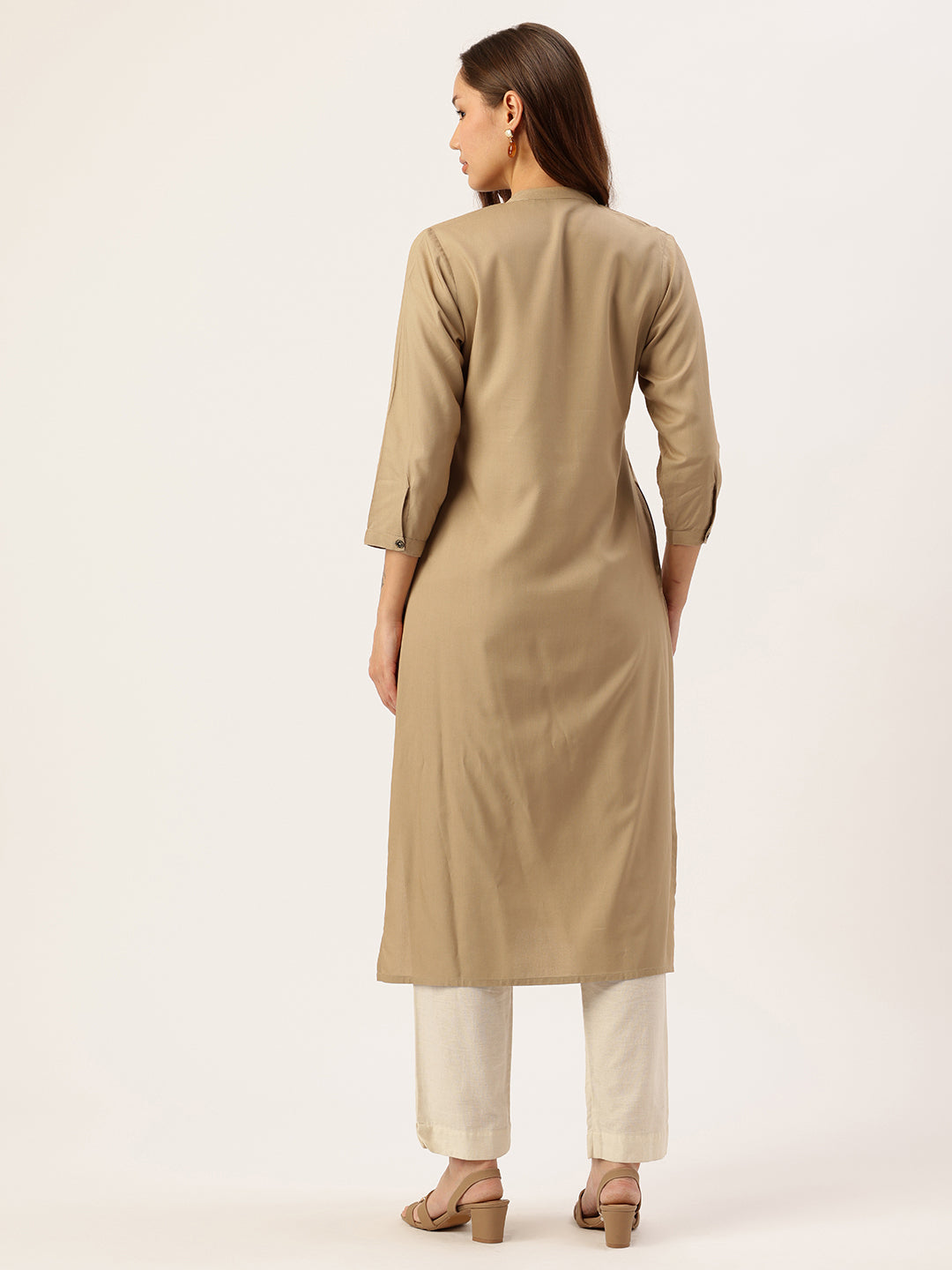 Almond Solid Mandarin Collar Straight Kurta