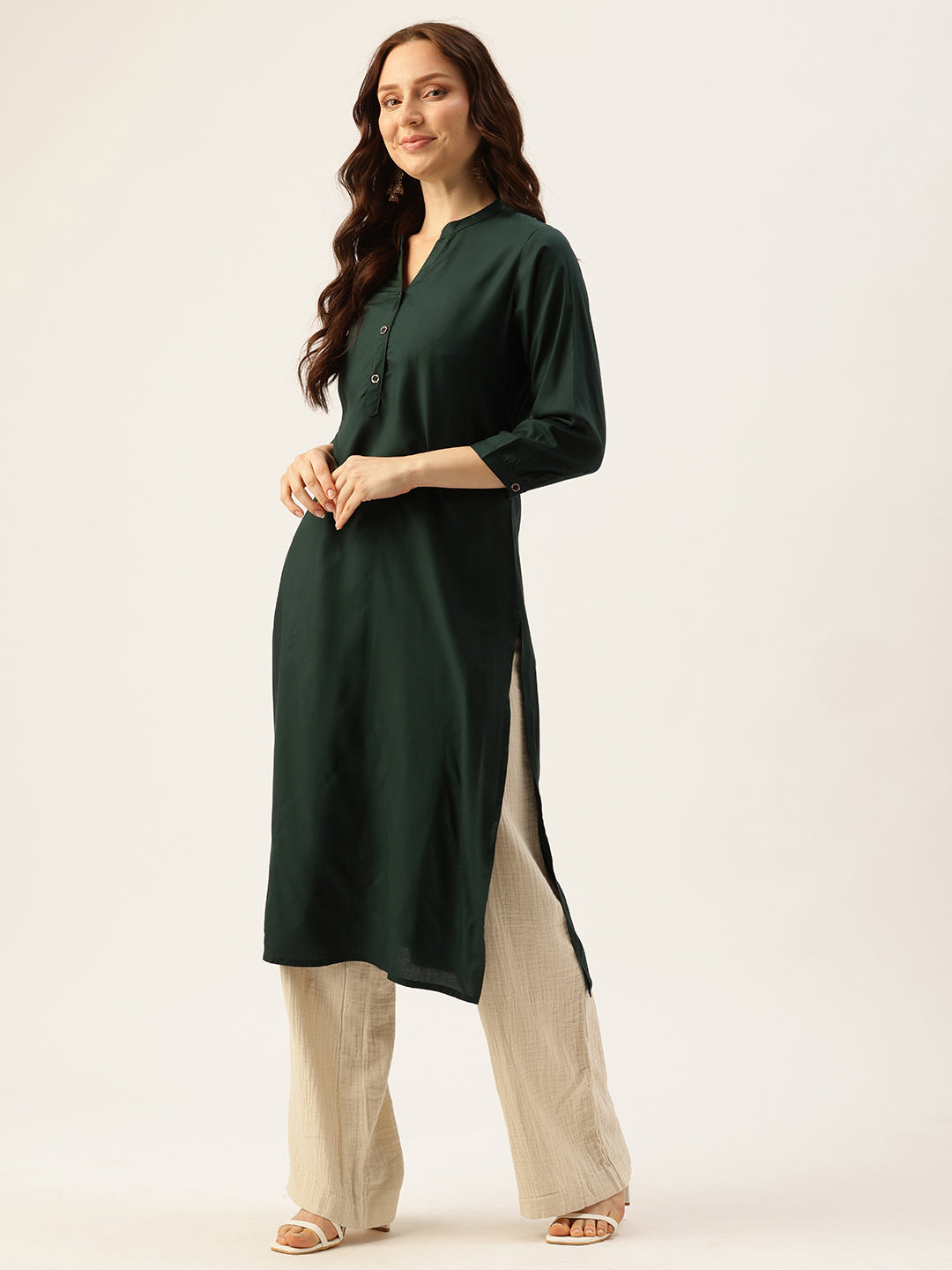 Green Solid Mandarin Collar Straight Kurta, Green Solid Mandarin Collar Straight Kurta, Solid Kurta, Plain Kurta, Green Kurta, Straight Kurta, Casual Wear Kurta