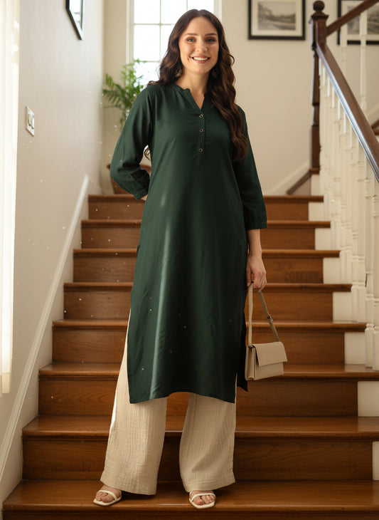Green Solid Mandarin Collar Straight Kurta, Green Solid Mandarin Collar Straight Kurta, Solid Kurta, Plain Kurta, Green Kurta, Straight Kurta, Casual Wear Kurta