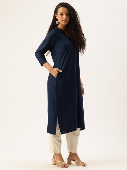 Cadet Blue Solid Mandarin Collar Straight Kurta, Solid Kurta, Plain Kurta, Blue Kurta, Straight Kurta, Casual Wear Kurta