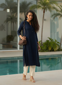 Cadet Blue Solid Mandarin Collar Straight Kurta