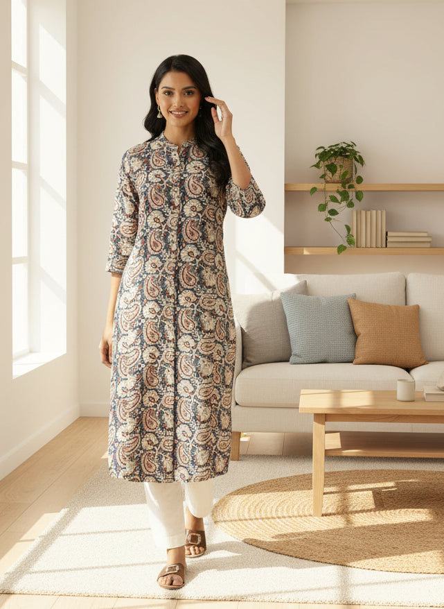 Blue Printed Kurta, Printed kurta, Casual wear kurta, daily wear kurta, office wear kurta, Band Collar Kurta, A-Line Kurta