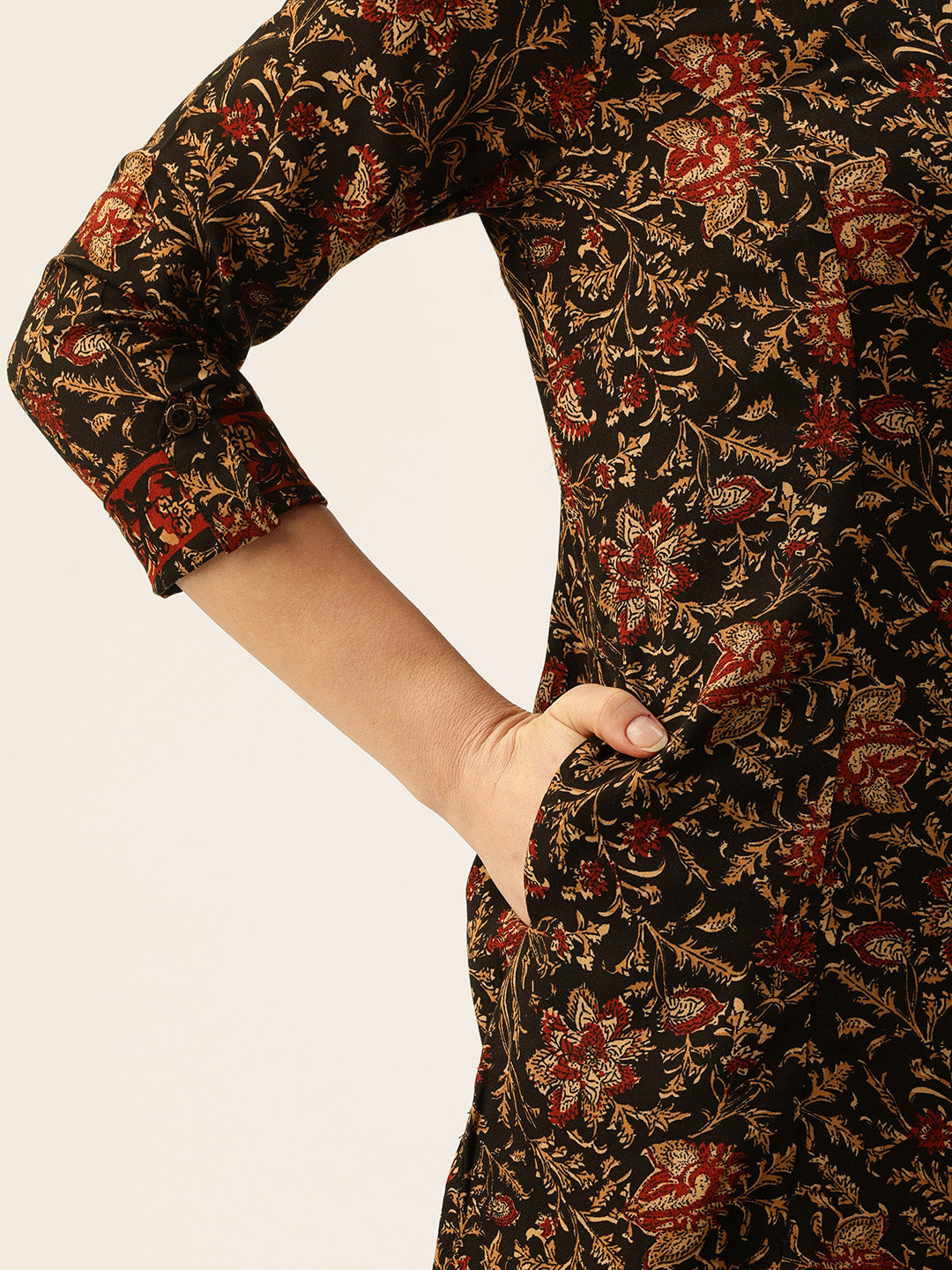 Black Floral Printed A-Line Kurta, A-Line Kurta, Office Wear Kurta, Printed Kurta, Round Neck Kurta, Floral Printed Kurta