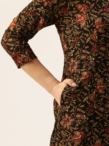 Black Floral Printed A-Line Kurta, A-Line Kurta, Office Wear Kurta, Printed Kurta, Round Neck Kurta, Floral Printed Kurta