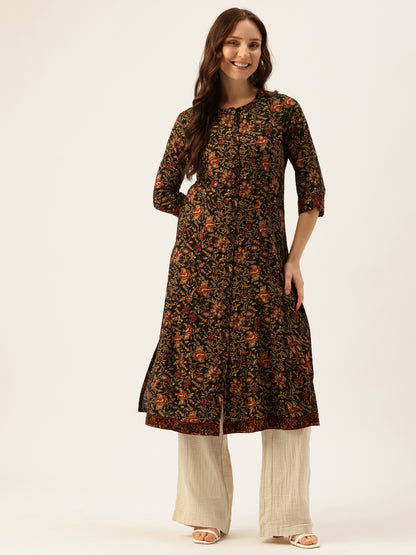 Black Floral Printed A-Line Kurta, A-Line Kurta, Office Wear Kurta, Printed Kurta, Round Neck Kurta, Floral Printed Kurta