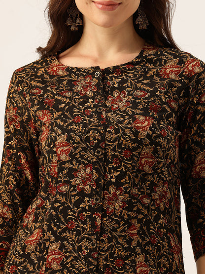 Black Floral Printed A-Line Kurta, A-Line Kurta, Office Wear Kurta, Printed Kurta, Round Neck Kurta, Floral Printed Kurta