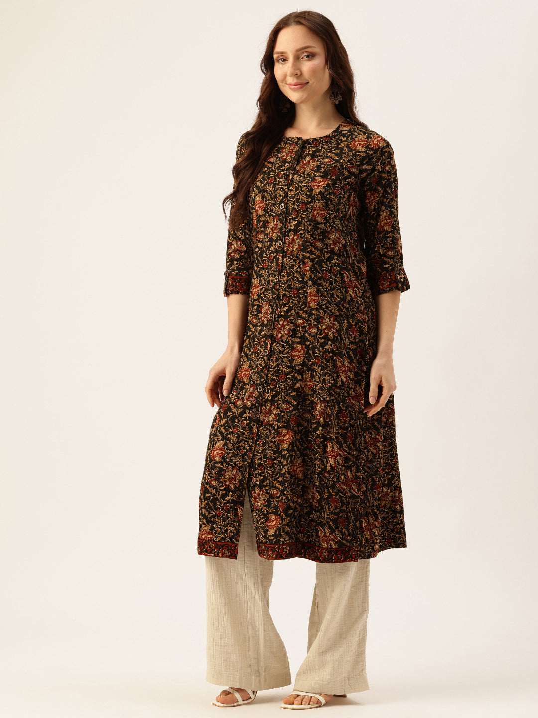Black Floral Printed A-Line Kurta, A-Line Kurta, Office Wear Kurta, Printed Kurta, Round Neck Kurta, Floral Printed Kurta