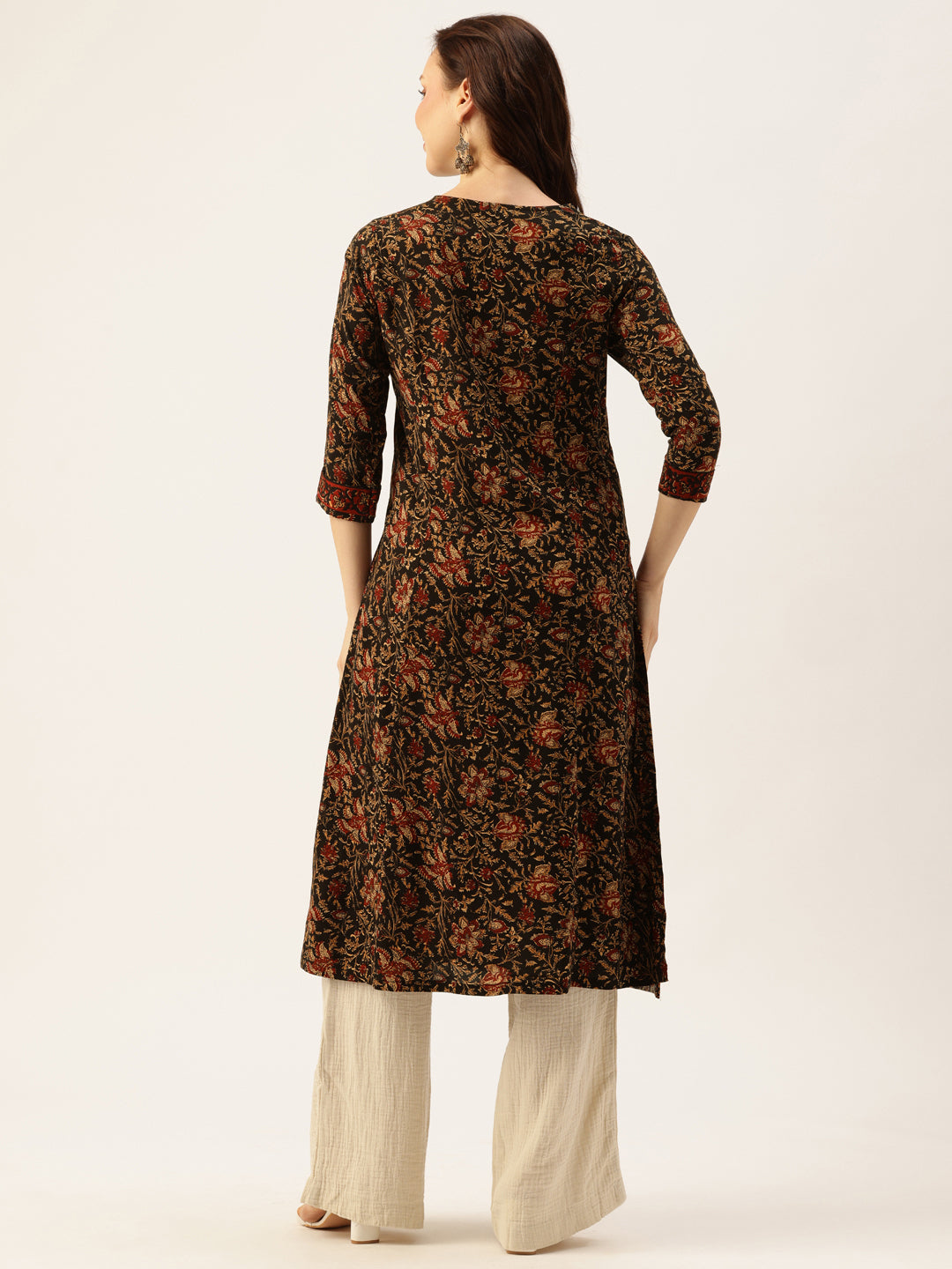 Black Floral Printed A-Line Kurta, A-Line Kurta, Office Wear Kurta, Printed Kurta, Round Neck Kurta, Floral Printed Kurta