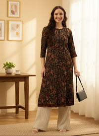 Black Floral Printed A-Line Kurta, A-Line Kurta, Office Wear Kurta, Printed Kurta, Round Neck Kurta, Floral Printed Kurta