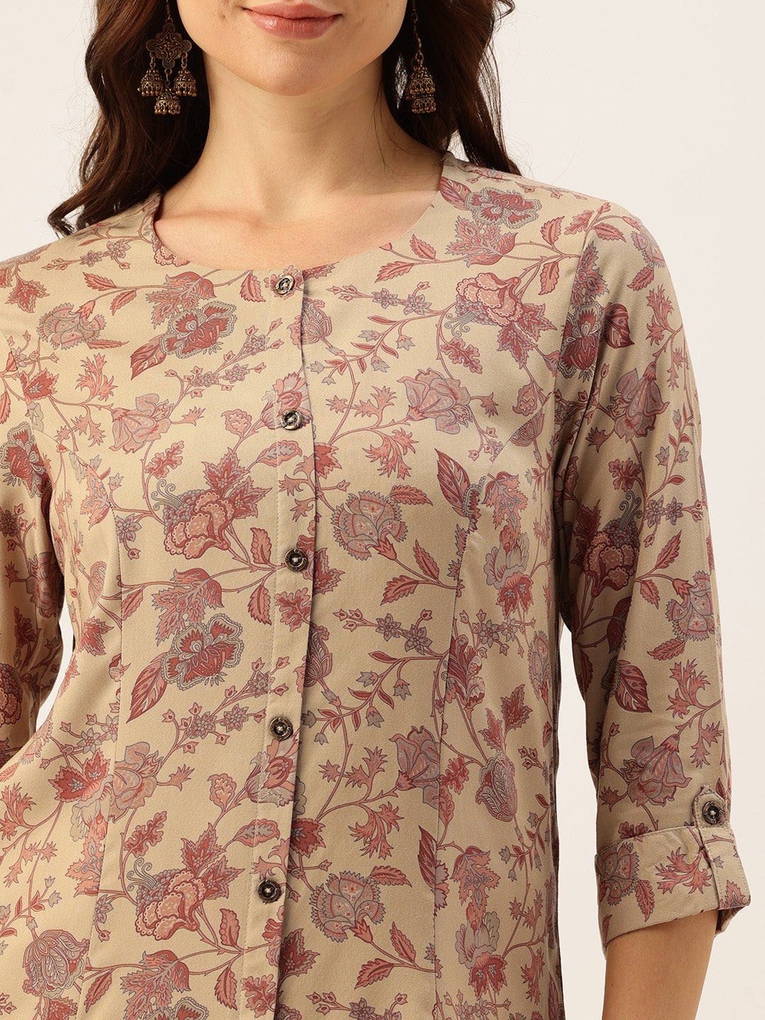 Beige Floral Printed A-Line Kurta, Floral printed Kurta, Beige Color Kurta, A-Line Kurta, Office Wear Kurta, Printed Kurta