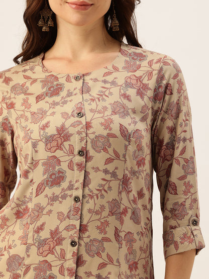 Beige Floral Printed A-Line Kurta, Floral printed Kurta, Beige Color Kurta, A-Line Kurta, Office Wear Kurta, Printed Kurta