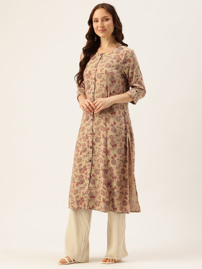 Beige Floral Printed A-Line Kurta, Floral printed Kurta, Beige Color Kurta, A-Line Kurta, Office Wear Kurta, Printed Kurta
