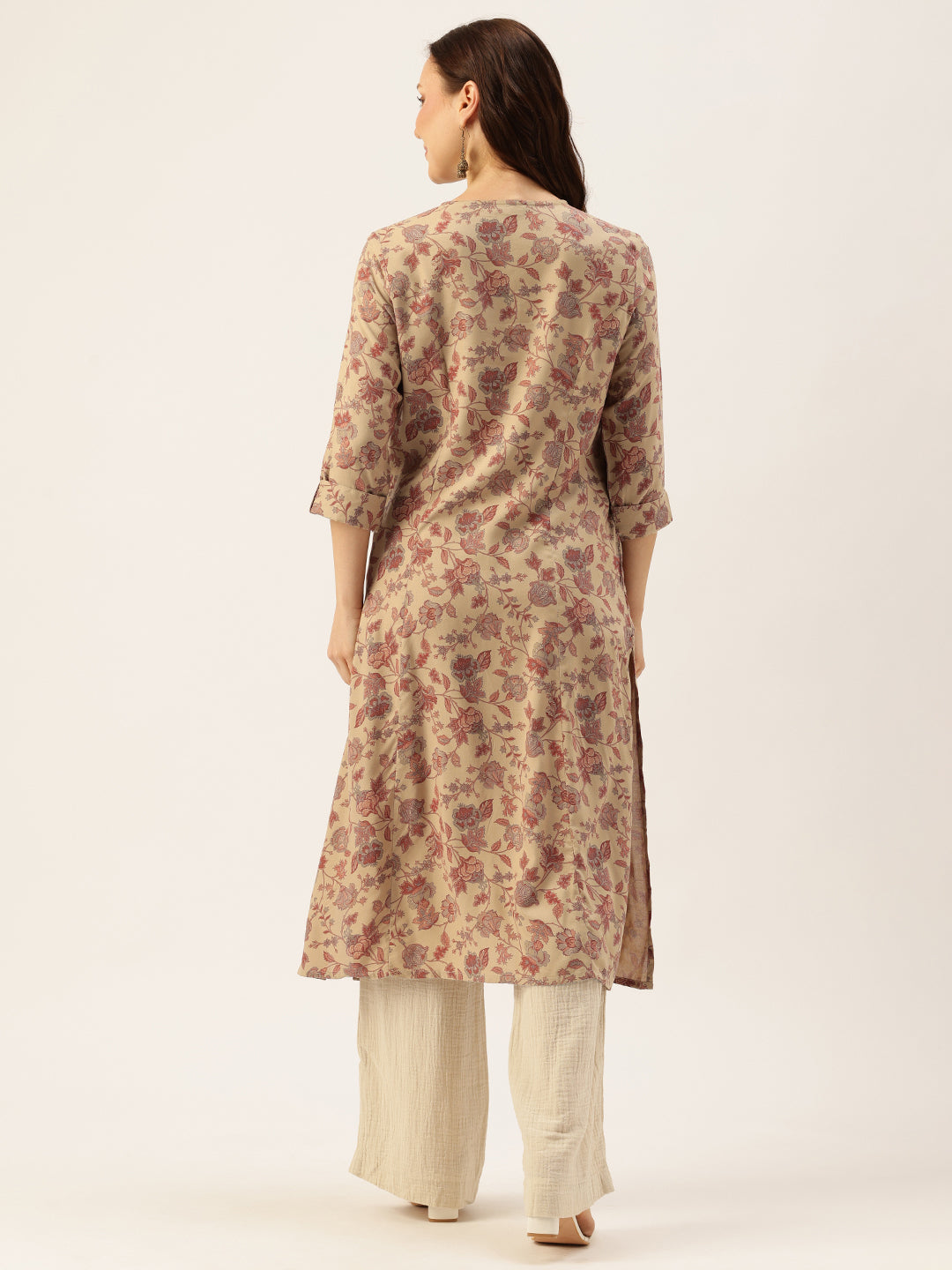 Beige Floral Printed A-Line Kurta, Floral printed Kurta, Beige Color Kurta, A-Line Kurta, Office Wear Kurta, Printed Kurta