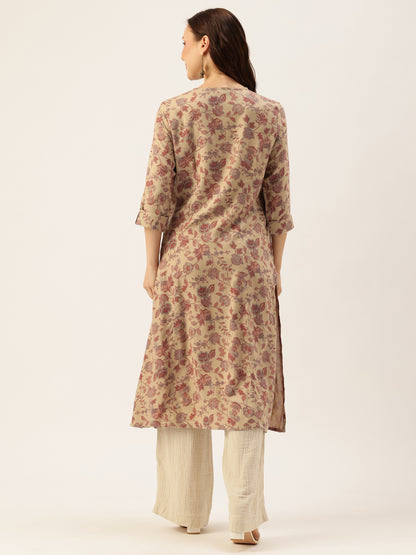 Beige Floral Printed A-Line Kurta, Floral printed Kurta, Beige Color Kurta, A-Line Kurta, Office Wear Kurta, Printed Kurta