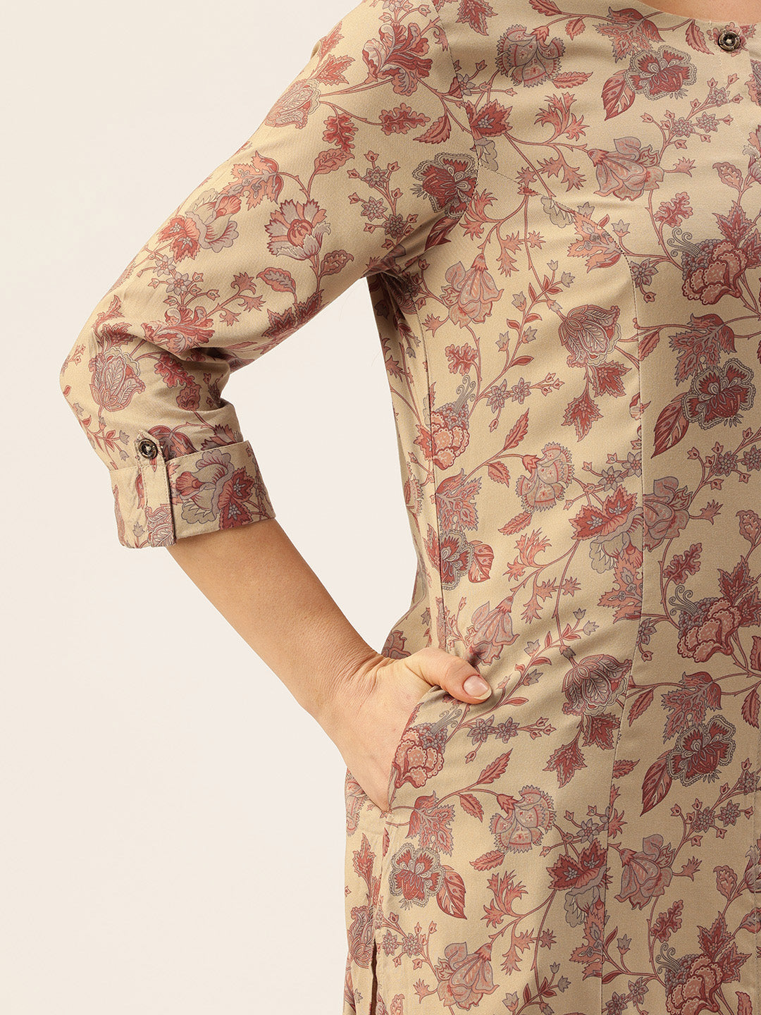 Beige Floral Printed A-Line Kurta, Floral printed Kurta, Beige Color Kurta, A-Line Kurta, Office Wear Kurta, Printed Kurta