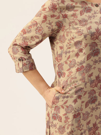 Beige Floral Printed A-Line Kurta, Floral printed Kurta, Beige Color Kurta, A-Line Kurta, Office Wear Kurta, Printed Kurta