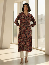 Black Floral Printed Straight Kurta