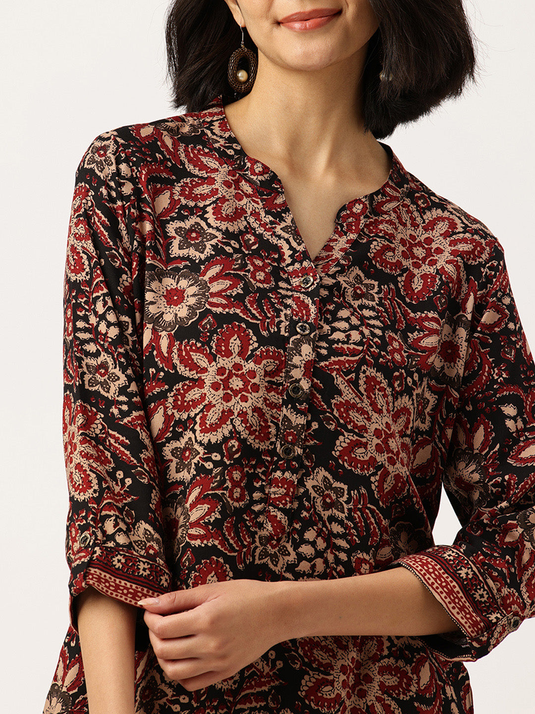 Black Floral Printed Straight Kurta