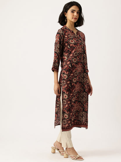 Black Floral Printed Straight Kurta