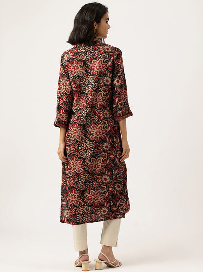 Black Floral Printed Straight Kurta