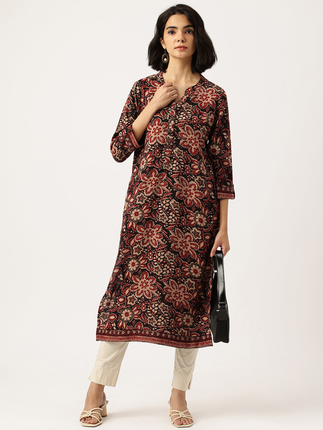 Black Floral Printed Straight Kurta
