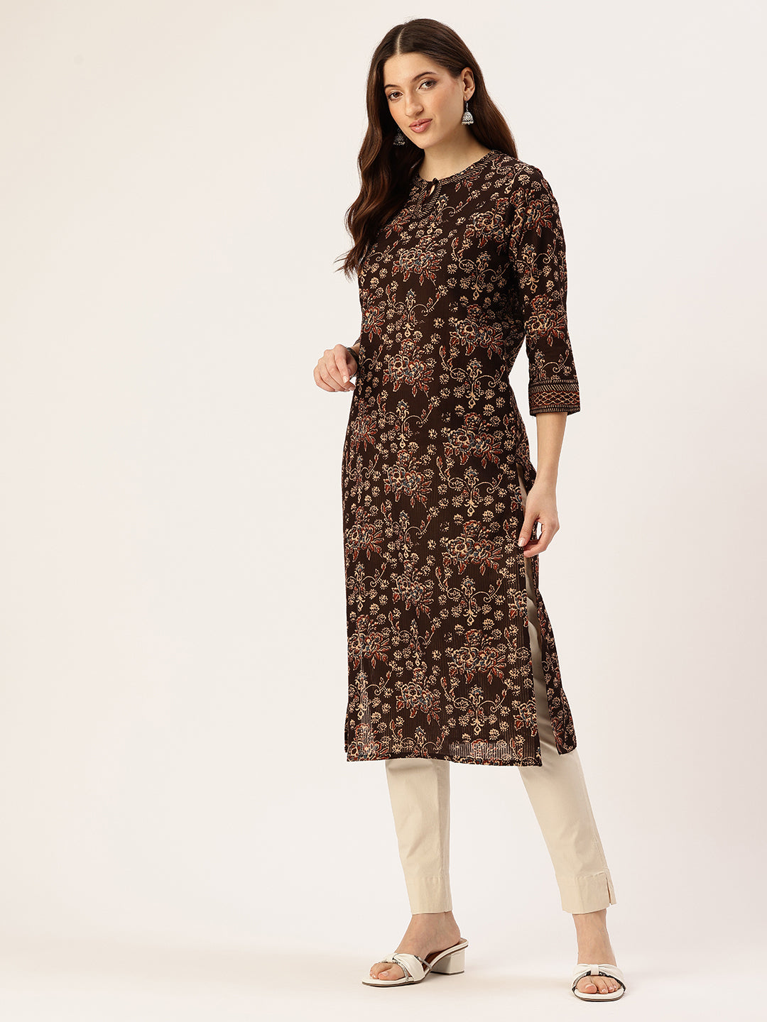 Black Floral Printed Mandarin Collar Pure Cotton Kurta