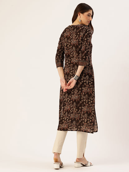 Black Floral Printed Mandarin Collar Pure Cotton Kurta