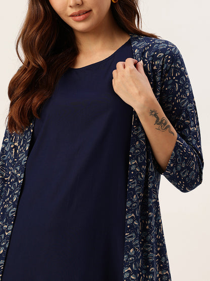 Blue Round Neck Midi Dress With Shrug, dress with shrug, midi dress, round neck dress, blue dress