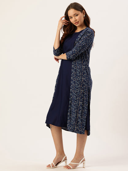 Blue Round Neck Midi Dress With Shrug, dress with shrug, midi dress, round neck dress, blue dress