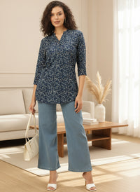 Blue Printed Band Collar Tunic, Short Kurta, Blue Short Kurta