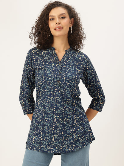 Blue Printed Band Collar Tunic, Short Kurta, Blue Short Kurta
