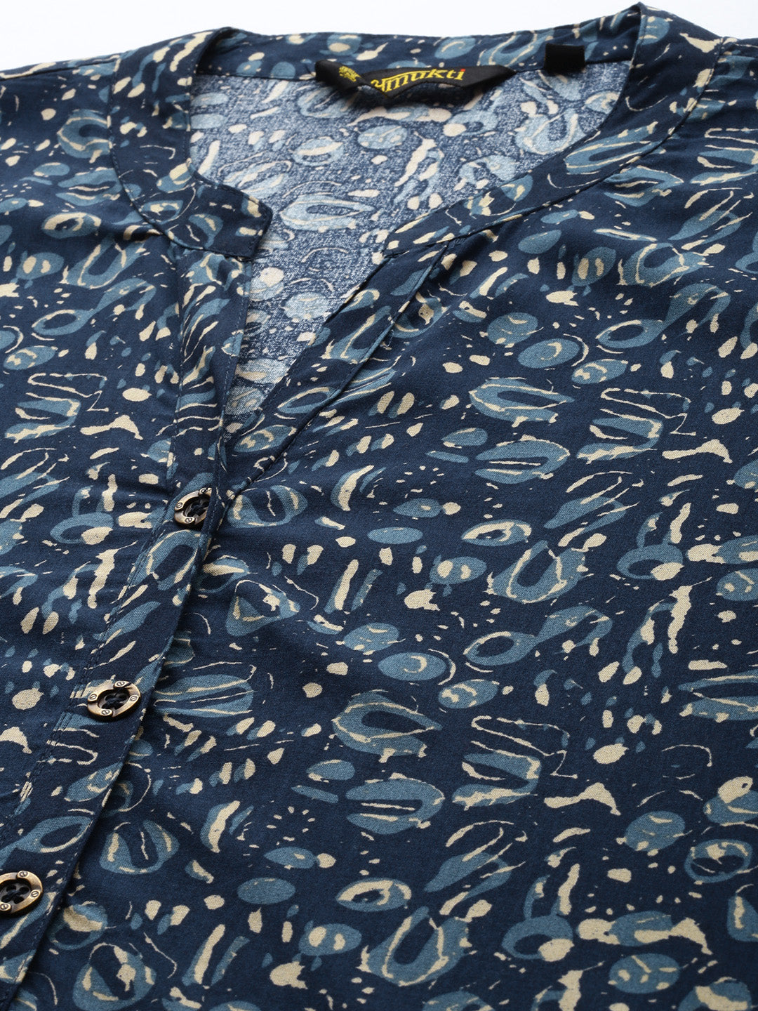 Blue Printed Band Collar Tunic, Short Kurta, Blue Short Kurta