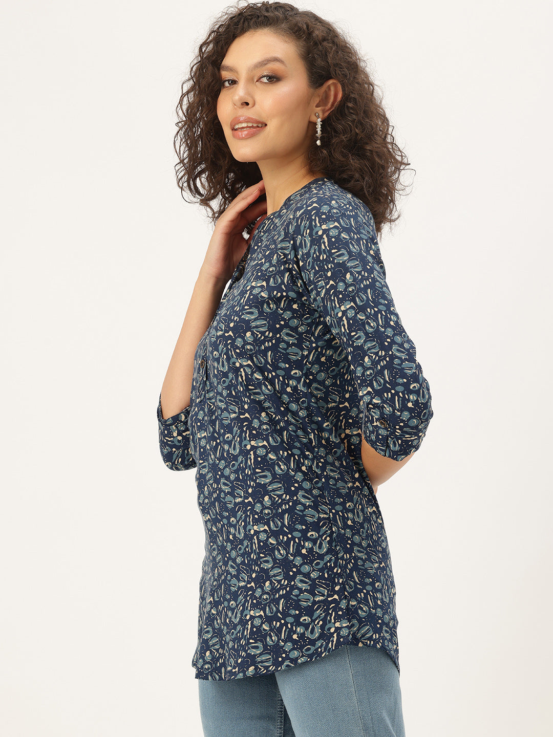 Blue Printed Band Collar Tunic, Short Kurta, Blue Short Kurta