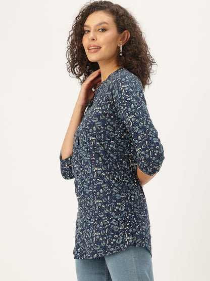 Blue Printed Band Collar Tunic, Short Kurta, Blue Short Kurta