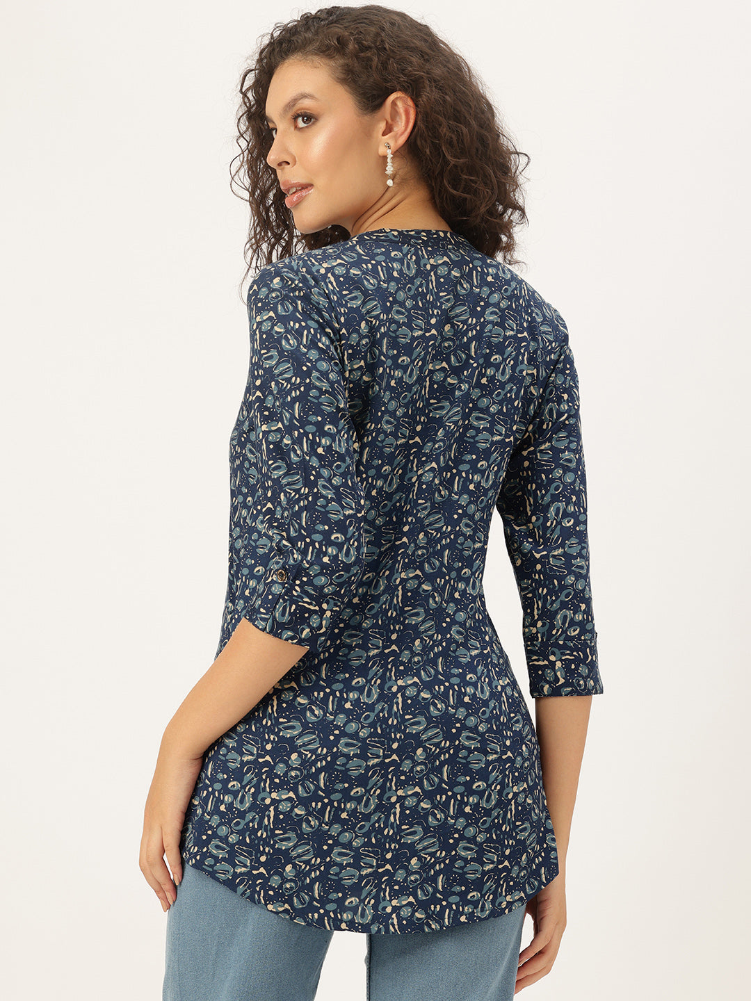 Blue Printed Band Collar Tunic, Short Kurta, Blue Short Kurta