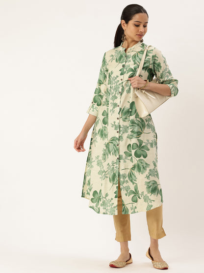 White & Green Floral Printed Kurta
