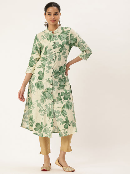 White & Green Floral Printed Kurta