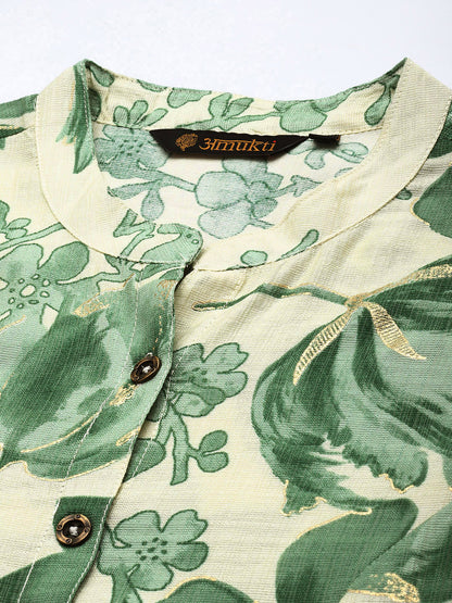 White & Green Floral Printed Kurta