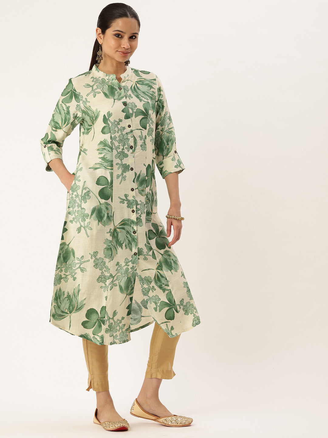 White & Green Floral Printed Kurta