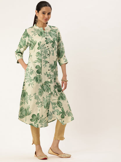 White & Green Floral Printed Kurta