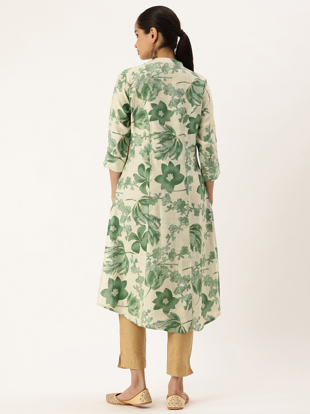 White & Green Floral Printed Kurta