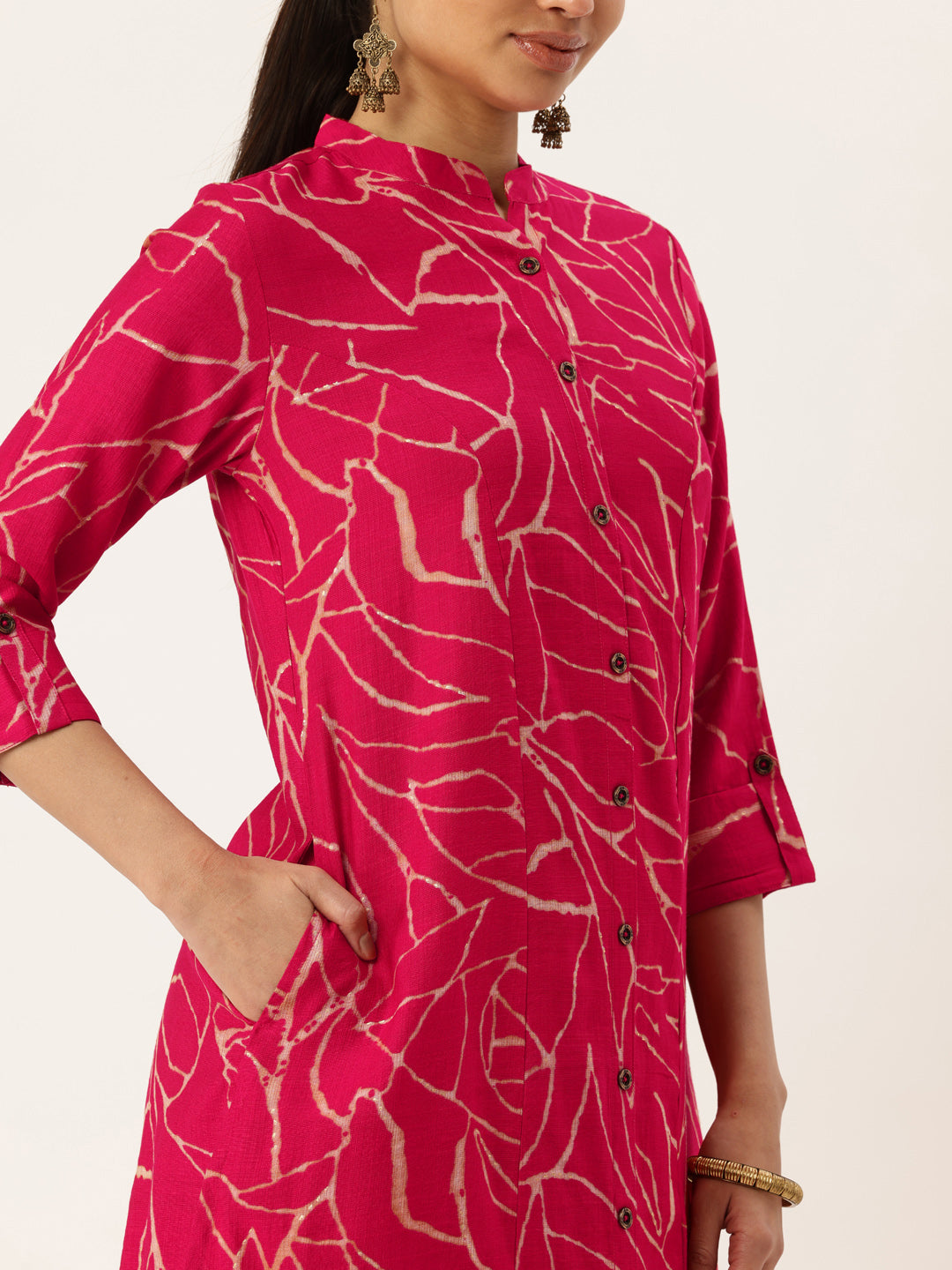 Pink Abstract Printed Mandarin Collar A-Line Kurta