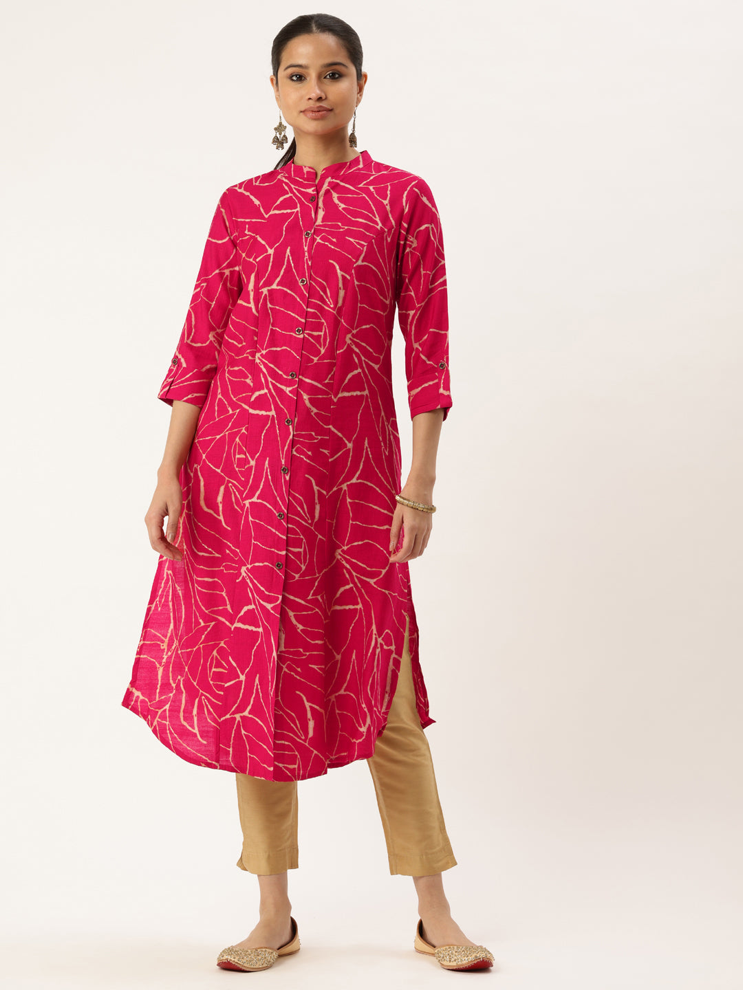 Pink Abstract Printed Mandarin Collar A-Line Kurta