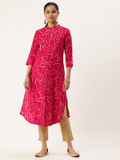 Pink Abstract Printed Mandarin Collar A-Line Kurta