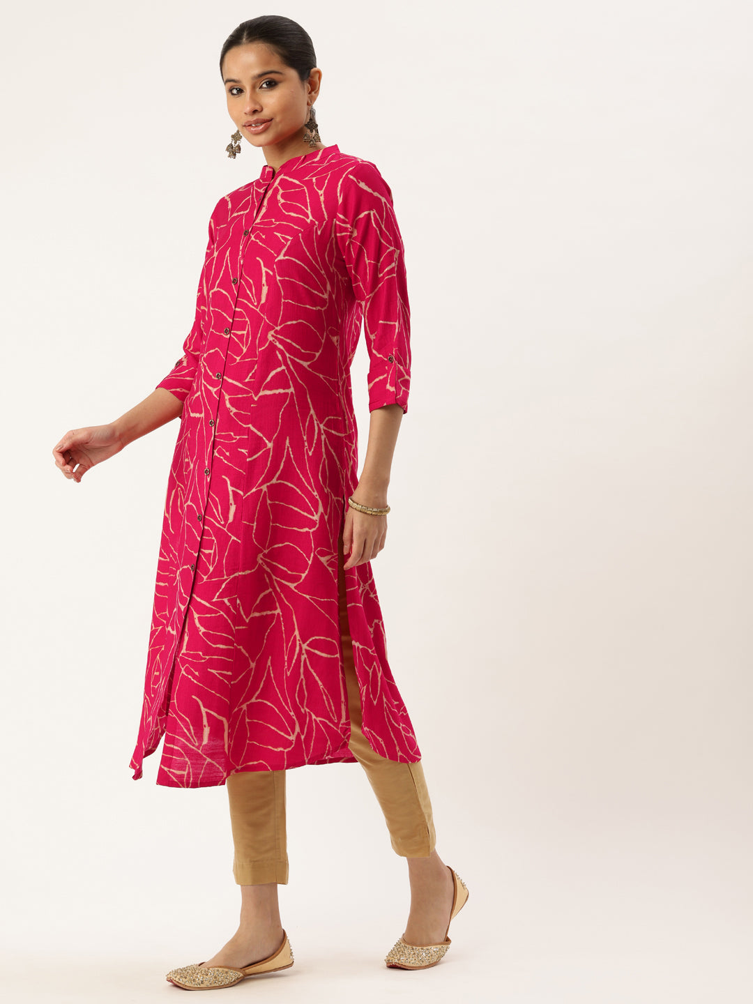 Pink Abstract Printed Mandarin Collar A-Line Kurta