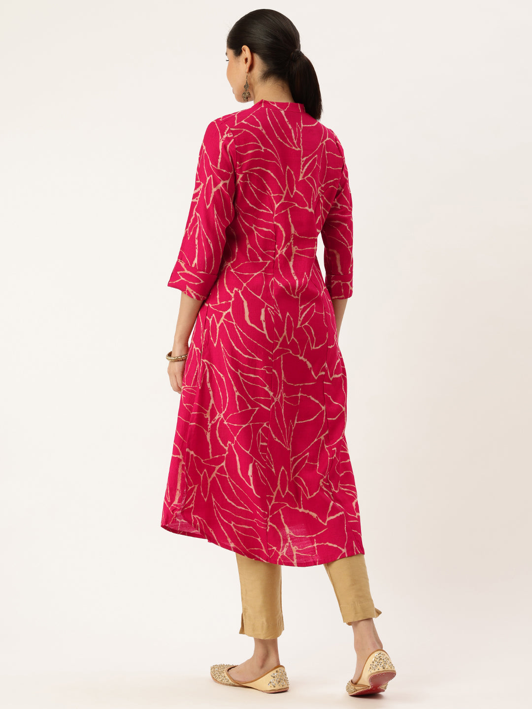 Pink Abstract Printed Mandarin Collar A-Line Kurta
